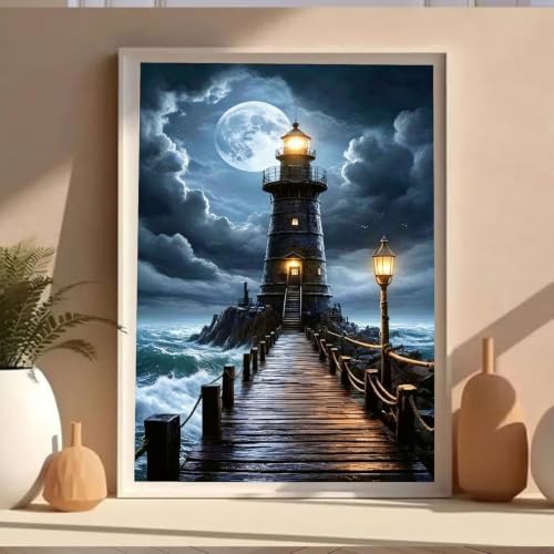 VeGuude Diamond Art Lighthouse Kits for Adults,Dark Night 5D DIY Full Square Drill Diamond Painting Kit,Seaside Storm Scenery Diamond Art Gem Painting for Gift Home Wall Decor (12x16 inch)
