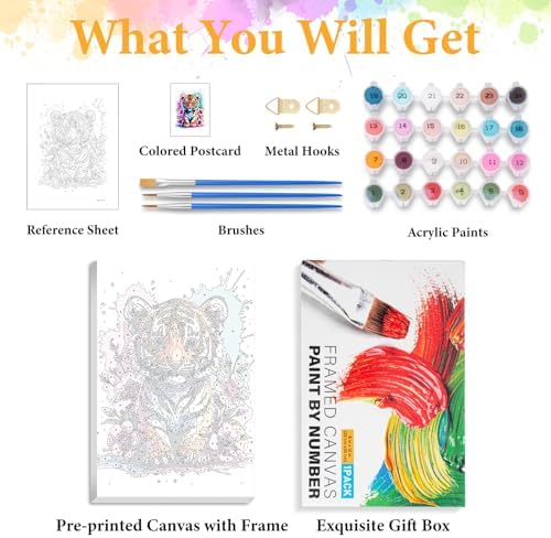 Framed Paint by Numbers Kit for Adults, Tiger & Flower Decor 8x12 Inch