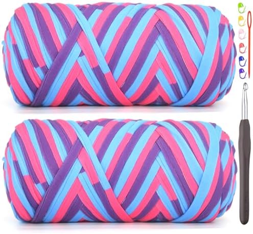 2 Pack Tshirt Yarn for Crocheting,Rainbow T Shirt Chunky Fabric Thick T-Shirt Crochet Yarn for Beginners Crocheting Hand Knitting Bag/Basket/Coasters/DIY Crafts/Home Decor 2 * 200G-Blue Pink Purple