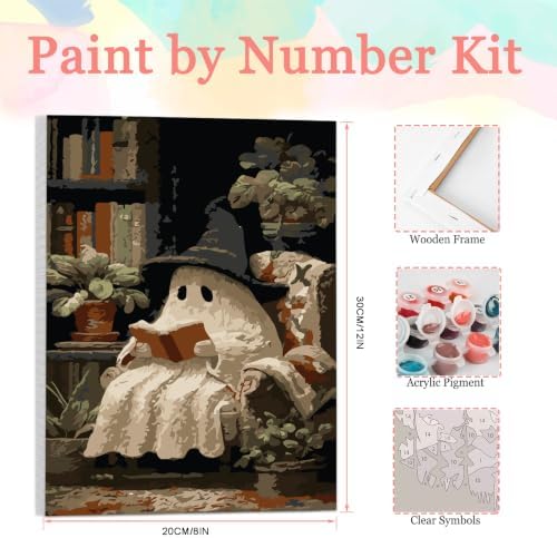 Auremi Paint by Number Kits with Framed Ghosts, DIY Halloween Paint by Number Canvas for Adults, Easy Acrylic in Canvas with Brushes for Decor 20x30cm