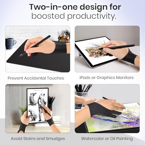 Artist Drawing Glove: 3-Layer Palm Rejection for iPad & Drawing Tablets | Smooth-Glide & Breathable for Digital Art & Paper Sketching, Two-Finger Design, Fits Left & Right Hand, 2-Pack+Cleaning Cloth