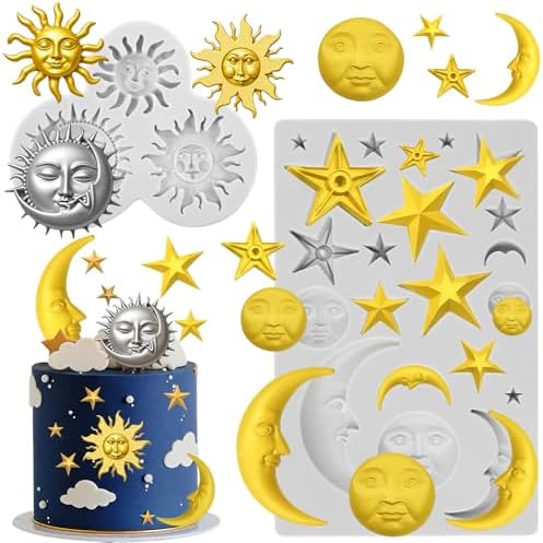 Sun Face Moon Star Silicone Molds 2Pcs Star Fondant Cake Mold Ramadan Eid Mubarak Chocolate Molds Sun Candy Polymer Clay Mold for Baking Craft Gum Biscuits Mousse
