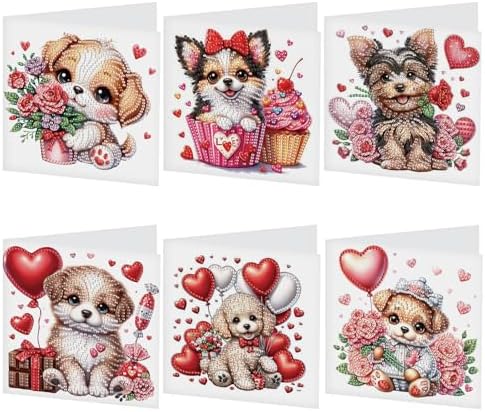LazyFold 6 Pcs Diamond Art Painting Greeting Cards Kits, DIY Cute Puppy Handmade Festival Greeting Cards with Envelopes Diamond Art Crafts Birthday Cards Creative Valentine's Day Gift