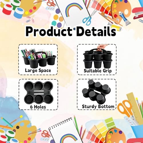 6 Pack Classroom Caddy Organizer with Handle Black Plastic Table Caddy 6 Compartments Storage Cup Holder for School Supplies Art Crafts Crayons Pencils Stackable Desk Caddy for Office Home