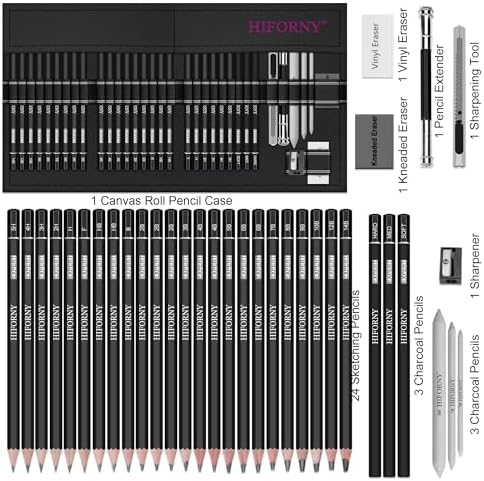 HIFORNY 36 PCS Sketching Drawing Pencil Set,Sketch Pencils Art Supplies with Graphite,Charcoal,Blending Tools,Accessories,Drawing Kit for Adults Artists in Canvas Roll Up Case