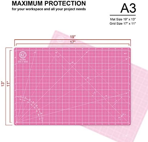 KC GLOBAL A3 (18"x12") Self-Healing Cutting Mat (Pink) - Sturdy, Reversible, Eco-Friendly, Non-Slip. Premium Desk Mat for Crafters, Quilters, and Hobbyist