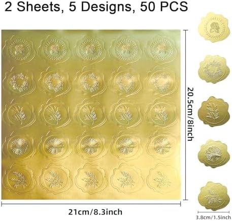 50PCS Wax Seal Stickers, Gold Foil Envelope Seal Stickers | Self- Adhesive Gold Wedding Invitation Decors for Invitation, Christmas, Gift Wrapping