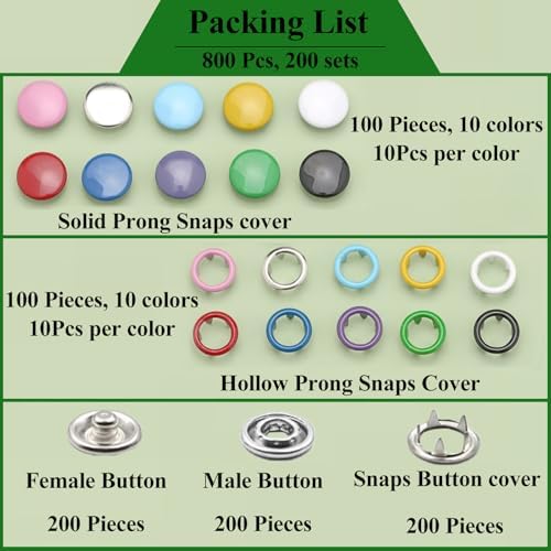 MIFOLEU Colorful Snap Button Kit, 9.5mm Sets Snaps for Fabric with Tool