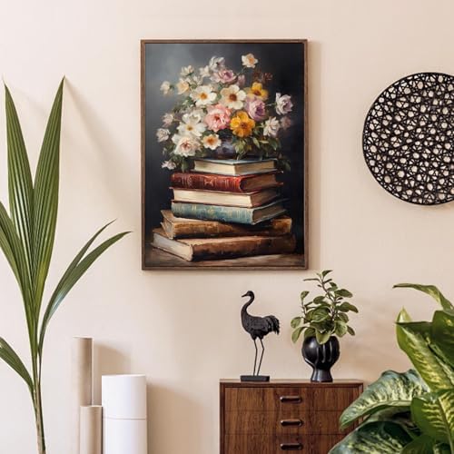 RYMILIE Diamond Art Kits for Adults Vintage Flowers and Books 12x16inch | 5D Stress Relief Diamond Painting Kit for Beginners, DIY Full Round Drill Gem Art Crafts for Home Wall Decor Gift