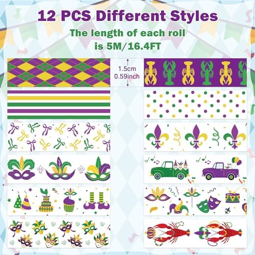 Mardi Gras Washi Tape - 12 Rolls Waterproof Residue Free Adhesive with Masks Crowns Beads in Traditional Purple Green Gold for Scrapbook, Gift Wrapping, Journal Decor, Party Supplies