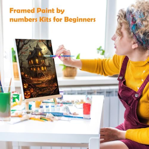 MOGTAA Halloween Paint by Numbers Kit for Adults Beginners with Frame, Pumpkin Castle Adult Paint by Number Kits on Canvas with Easel, Easy DIY Landscape Oil Painting Kits for Home Decor, 8x12in