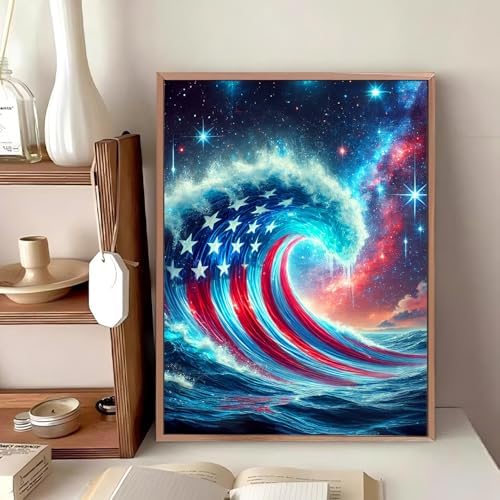 Reivworl Independence Day Diamond Art Kits for Adults, Waves Diamond Painting Kits, Gem Art Kit for Gifts and Home Interior Decor 12x16 Inch