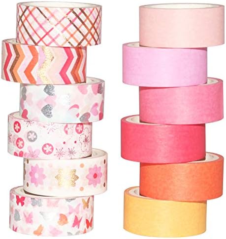 YUBBAEX 12 Rolls Pink Gold Washi Tape Set Masking Decorative Tapes (Pink Mix)