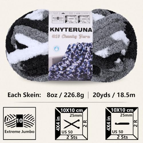 Chunky Yarn for Hand Knitting, #10 Chunky Blanket Chenille Yarn, Bulky Thick Jumbo Yarn, Super Chunky Knit Yarn for Crocheting, 8 Skein (8 oz 20 yds Each Skein), Tie Dye Black & Grey & White