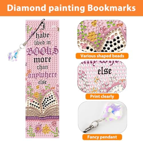 Mandun 4 Pcs Book Diamond Painting Bookmark Kits, Special Shaped Diamond Art Bookmarks with Pendant, DIY Diamond Art Bookmarks with Tassels Crafts Gifts Supplies