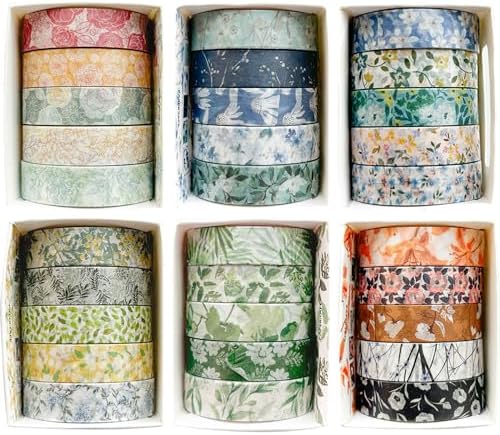 Flowers Washi Tape Set 30 Rolls Floral Patterns Decorative Skinny Slim Masking Tapes for Arts, DIY Crafts, Journals, Planners, Scrapbook, Wrapping (Greens Thrive)