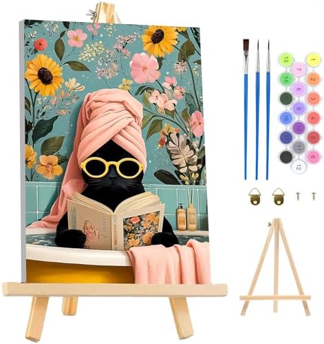 MAXBYE Paint by Numbers Kit for Adults with Frame and Wooden Easel, Easy Black Cat on Bathtub Painting Numbers Art Kits on Canvas, DIY Acrylic Painting Kit for Gift Home Wall Garden Decor 10×14 in