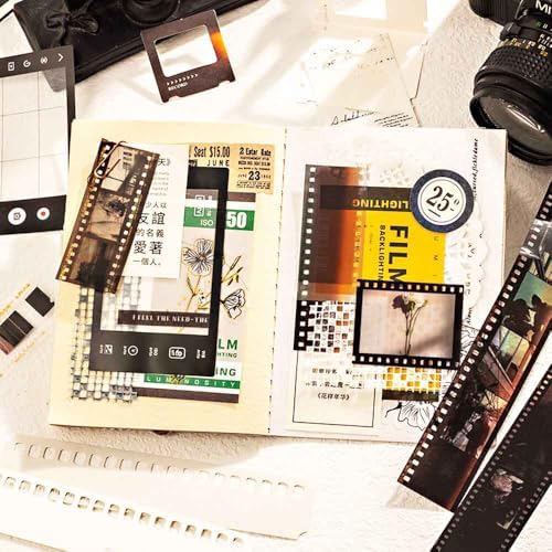 CraftBloom 94PCS Movie Film Scrapbook Paper for Journaling Supplies, Strip Photo Frame for Scrapbooking Kit, Waterproof PET Washi Quote Stickers for Bullet Junk Journal Collage Planner DIY Craft