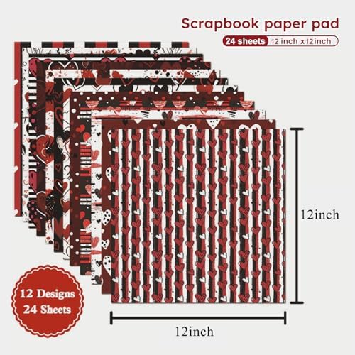 12in Valentine Decorative Scrapbook Paper Pad - 24 Sheets Black Hearts Patterns Designed Collage Supplies for Journaling Folded Card Making DIY Crafts Gift Wrapping Material