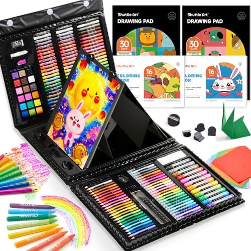 Shuttle Art 335 Piece Kids Art Set, Multi-Media Art Supplies, Gift Art Kit with Trifold Easel, 2 Drawing Pads, 2 Coloring Books, Oil Pastels, Crayons, Watercolors, Markers, Colored Pencils (Black)
