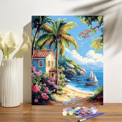 obterie Beach Paint by Numbers Kit for Adults Beginner Scenery Oil Painting Kit Adult Paint by Number Kits on Canvas DIY Painting for Beginners Art by Numbers for Gifts Home Wall Decor 16x20 Inch