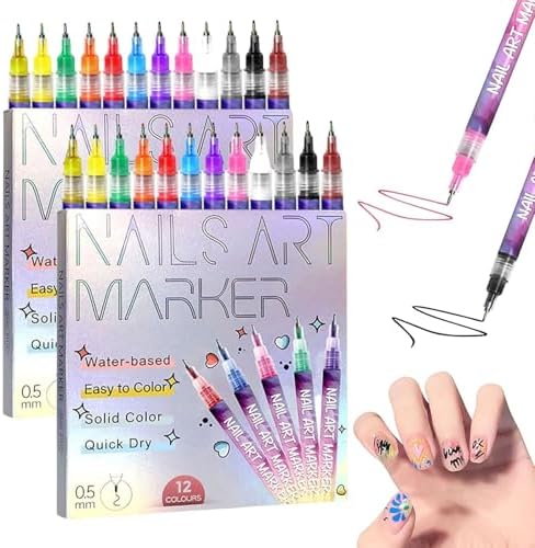 12 Colors Nail Art Pens Set, Nail Art Markers Polish Pen for 3D Nail Art, Drawing Painting Liner Brush for DIY Nail Art Beauty Adorn Manicure Tool (24 colors)