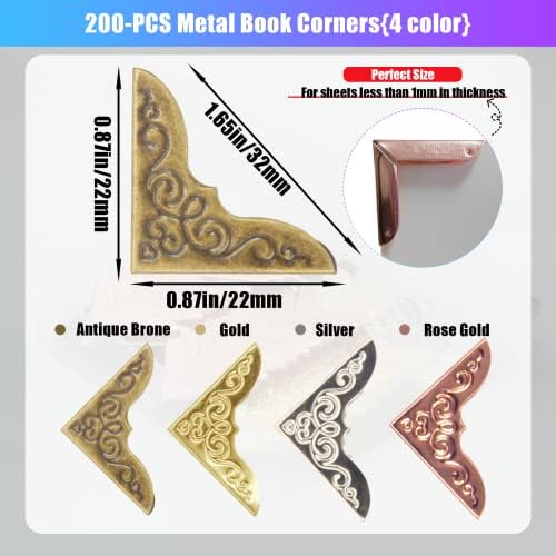 Metal Book Corner Protectors, 200-Pack Iron Covers for Scrapbook Albums