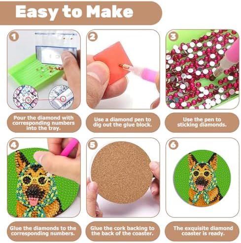 CRZMODE 8 Pcs Dog Diamond Art Coasters Kits, Diamond Painting Coasters with Holder Set of 8, DIY Dog Art Crafts Supplies for Adults Cup Mat House Warming Gifts Non-Slip