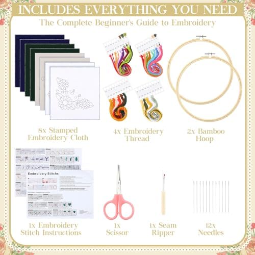 Tioncy 8 Sets Mexican Embroidery Napkins Kit Servilletas para Bordar a Mano Including Mexican Napkin Bamboo Hoop Color Threads and Needles for Beginners Adults DIY Hand Craft Gift (Multicolor)