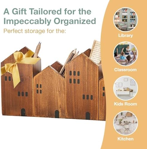 4-piece Kids Wooden Study Desk Organizers - Whimsical Farmhouse Style Table Decor Storage Box for Teacher Supplies - Girls Room Pencil Holder for Desk - Art & Stationery Supplies Organizer