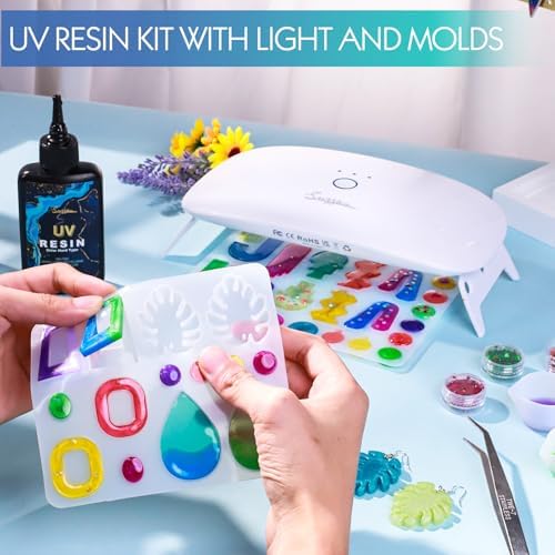 Suzzam UV Resin Jewelry Making Kit, 300g Crystal Clear UV Resin Kit with Molds, 30w & 22 Lamp Beads UV Resin Light Large for Craft Making Earrings, Necklaces, Keychains
