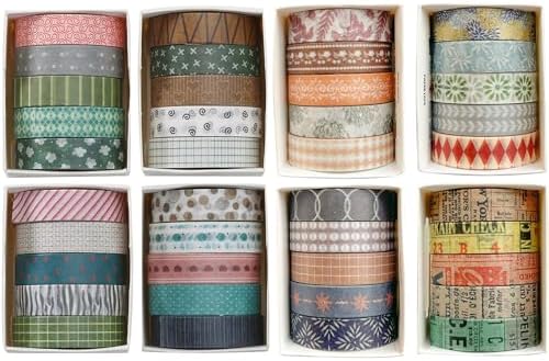 YUBBAEX 40 Rolls Basic Washi Tape Set Cute Printed Patterns Masking Skinny Creative Decorative Tapes for Arts, DIY Crafts, Journals, Planners, Scrapbook, Wrapping (Retroism 2)