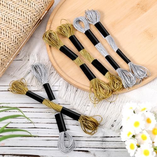 6 Skeins Embroidery Threads, Metallic Embroidery Floss (Gold + Silver)