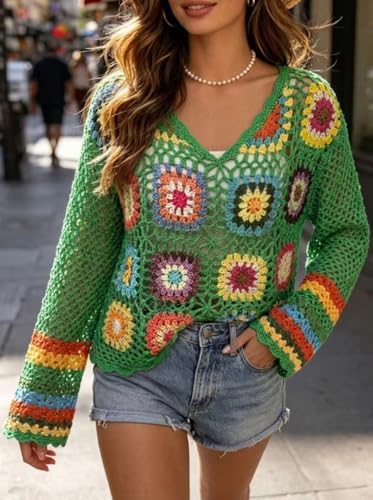 Kinghua Crochet Tops for Women Spring Summer Boho Floral Shirts Coverups