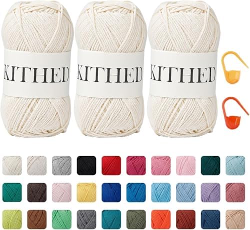 Cotton Chainette Yarn,4 Medium (Worsted)-10oz,3 Pack,Knitting Yarn for Beginners,Thicker for Crocheting and Knitting (48 Ecru)