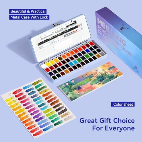 52 Colors Watercolor Paint Set for Adults, Vibrant Travel Water Colors Kit with Metallic Shades, Includes Brush, Pencil, Sponge, 5 Watercolor Papers & Black Pen, Portable Blue Case