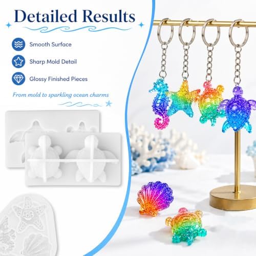 3 Pack Turtle Resin Mold Set, Ocean Animal Silicone Molds for Epoxy Resin, Mini Sea Turtle, Starfish, Seahorse and Shell Casting Molds with 10 Keychain Rings for DIY Craft Decor