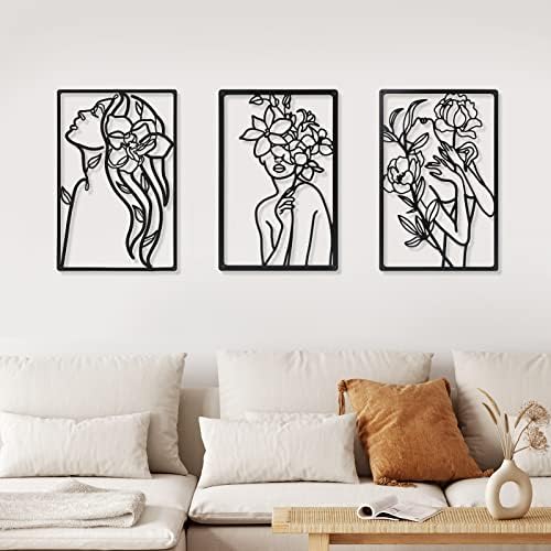 CHENGU 3 Pieces Metal Minimalist Abstract Woman Wall Art Line Drawing Wall Art Decor Single Line Female Home Hanging for Kitchen Bathroom Living Room