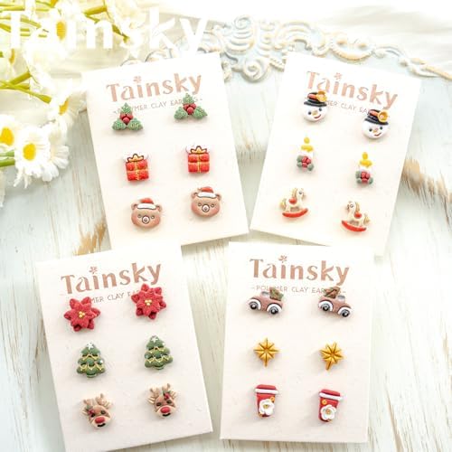 Tainsky 49 Shapes Christmas Studs Clay Earrings Cutters, Christmas Tree Polymer Clay Cutters for Polymer Clay Jewelry