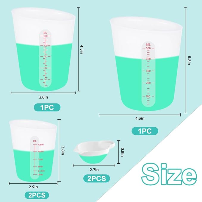 6 PCS Silicone Cup Set, 500ml, 250ml and 125ml for Epoxy Silicone Measuring Cups, Non-Stick Mixing Cups, Casting Molds, Jewelry Making,with Marking Ounces/ml