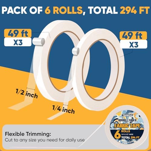 TEAWOO 6 Rolls Double Sided Fabric Tape, 294 FT Hem Tape No Sewing No Iron