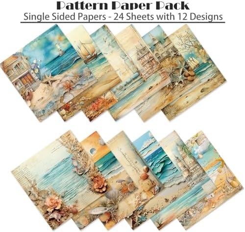 6x6 Scrapbook Paper Pad - Beach House Ocean Seashell 160gsm Cardstock, 24 Pcs Nautical Lighthouse Decorative Paper for Summer Travel Journal Supplies