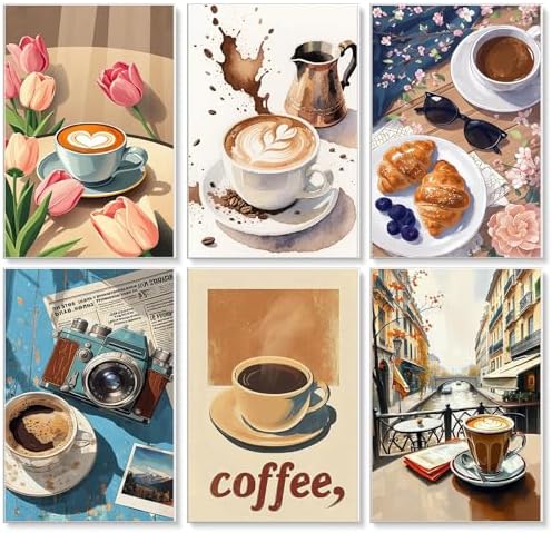 Yezavesu 6 Pack Paint by Numbers Kit for Adults Beginner Coffee, 8x12 Inch | Coffee Lovers DIY Acrylic Painting by Numbers, Without Frame Canvas, Stress Relief Craft Kits, For Home Wall Decor Gift