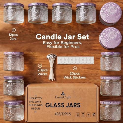 LumaCraft Luxury Embossed Glass Candle Jars for Making Candles - 12 Pack Empty Candle Containers with Airtight Metal Lids, 20 Wicks & 20 Stickers, Colored Glass Jars for Gifts & Decor-4oz