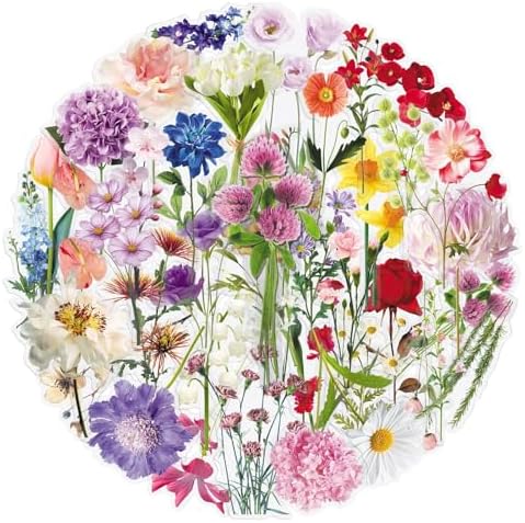 50PCS PET Transparent Floral Stickers, Waterproof Vinyl Fresh Flower Decals for Laptop, Luggage, Skateboard, Phone, Fridge, Trendy Stickers for Teens, Adults, Boys and Girls（Floral）