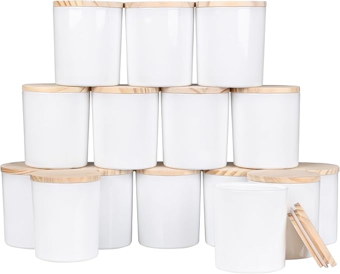 SHOWIN 10 OZ Thick Candle Jars for Making Candles 15 Pcs, Empty Jars with Wood Lids for Candle Making, Sample Container, Glossy White
