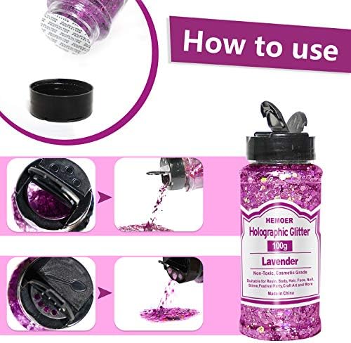 HEMOER 100g Holographic Glitter, Cosmetic Mixed Hexagon Chunky & Fine Craft Glitter Resin Sequins for Epoxy Glass, Resin Art, Body, Hair, Face, Nail, Tumblers, Festival Party - Lavender