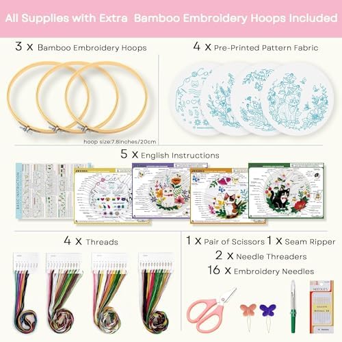 4-Piece Cat Embroidery Kit for Beginners, Needle Point Kit Adults Beginner