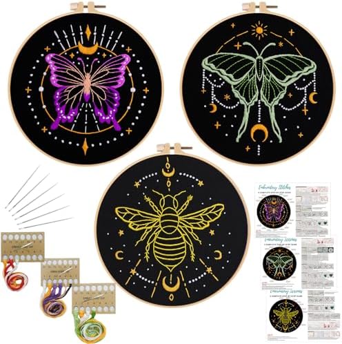 Louise Maelys 3 Sets Tarot Embroidery Kits for Beginners,Cross Stitch Kit for Adults,Crewel Starters Needlepoint with Moon, Butterfly, Bee and Moth Pattern and Tool