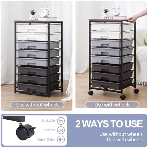 SYKIARIOL Rolling Cart with Drawers,8 Drawers Utility Cart,Grey Gradient | Craft Organizers and Storage with Wooden Tabletop for Living Room,Classroom,Bedroom,Bathroom,Dorm,Office